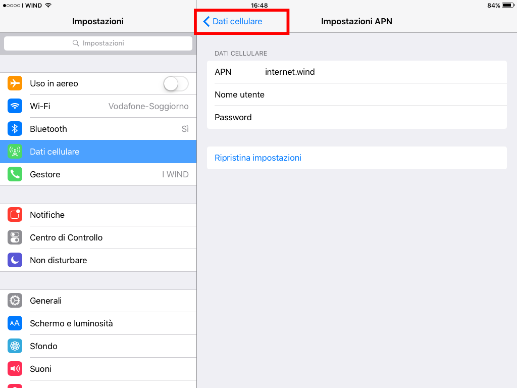 5 - configurare internet wind su ipad APN Wind iPad iOS 11