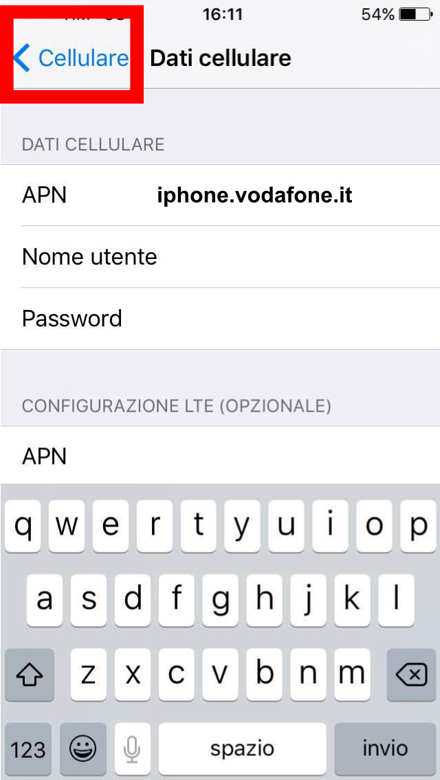 5 - salva - APN configurazione internet vodafone iphone 