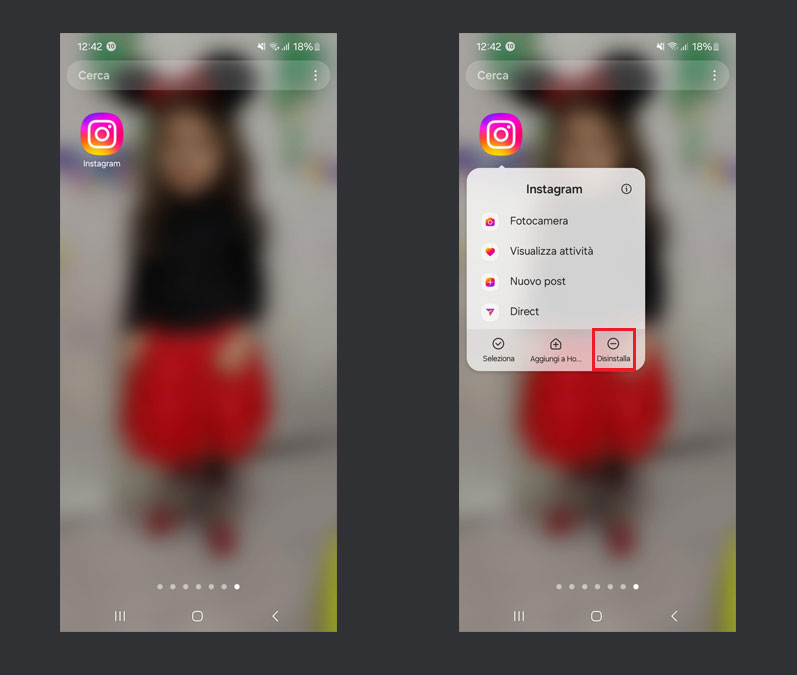 eliminare app instagram su android